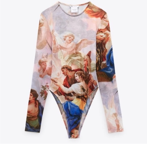Zara Tops - Zara printed tulle long sleeve bodysuit Luca Giordano print NWT